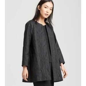 Eileen Fisher Shimmer Jacquard Long Open Front Jacket in Black Size M